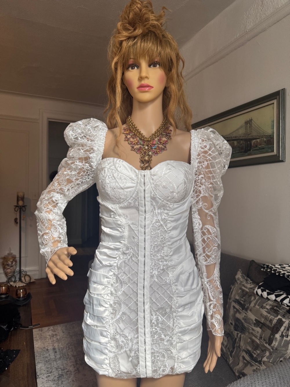 Fashion Nova White Lace Puff-Sleeve Mini Dress